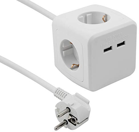MC Power - Steckdosen-Würfel mit USB Anschlussdose | 4X Schutzkontakt Steckdose, 2X USB, 1,5m Zuleitung, weiß, matt