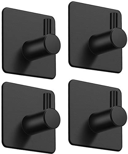 Aikzik Self Adhesive Hooks, 4 Stick on Hooks Stainless Steel for Heavy Duty, Waterproof, Strong Sticky for Hanging Towels and Coats in Bathroom, Tea Towel Holder for Door or on Wall – Black