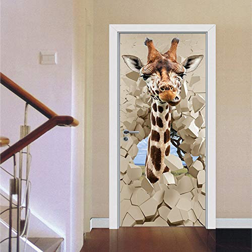 XKSJWY 3D Autocollants De Porte Trompe L'Oeil 77X200Cm Animal Girafe Créatif Auto-Adhésif Stickers Porte Amovible Papier Peint Chambre Cuisine Salle De Bain Poster De Porte Stickers Muraux