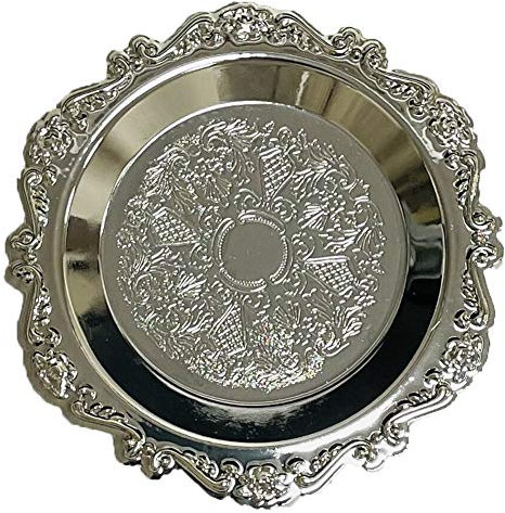 Gisela Vintage Carved Stainless Steel Jewelry Tray Trinkets Dish Organizer Jewellery Ring Holder Cosmetics Fruit Plate (Silver, Round)