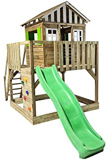 | MASGAMES | Parque Infantil Lollipop | Casita elevada con tobogán | Escalera de fácil Acceso | Pared de Escalada | Madera tratada para Exterior | (L)
