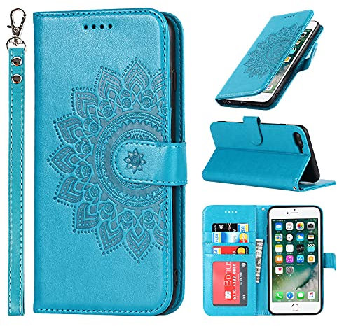 ELTEKER Handyhülle für iPhone 7 Plus, Hülle iPhone 8 Plus Klapphülle, [3 Kartenfächer] [Magnet Verschluss] Eleganter Prägung schutzhülle Ledertasche Hülle für iPhone 7 Plus/8 Plus, Blau