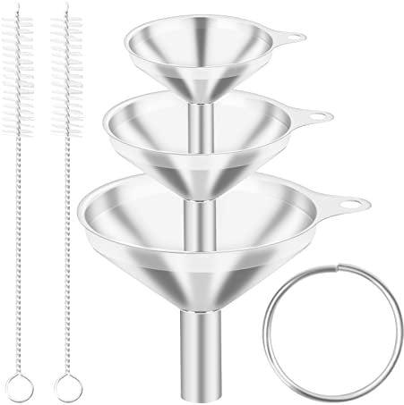 3 Stück Edelstahl Trichter und 2 Reinigungsbürste mit Langem Griff, Klein Küche Trichter für Flachmann minitrichter für die Übertragung von Flüssigen und Pulver, 4.5/5/7.2cm