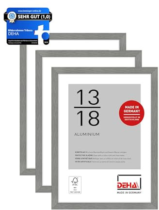 DEHA Design Bilderrahmen, 13 x 18 cm (3er Set), Aluminium, Grau matt, Fotorahmen zum Auftstellen im Hoch- & Querformat, bruchsicheres Kunstglas, Tribeca