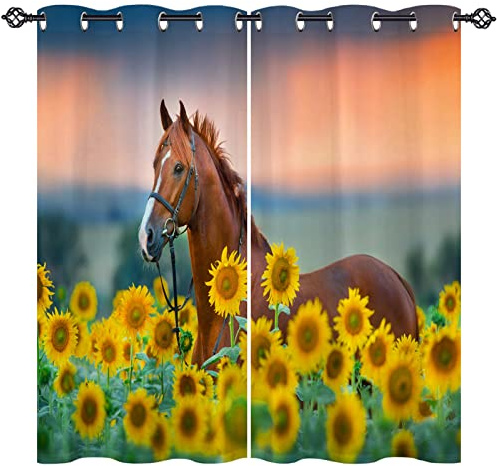 ANHOPE Gelb Sonnenblume Tier Pferd Gardinen Blickdichte mit Ösen Weich Thermo Vorhänge Blackout Curtain Vorhang Wohnzimmer Schlafzimmer Verdunklungsvorhänge 2er Set H 160 x B 77 cm