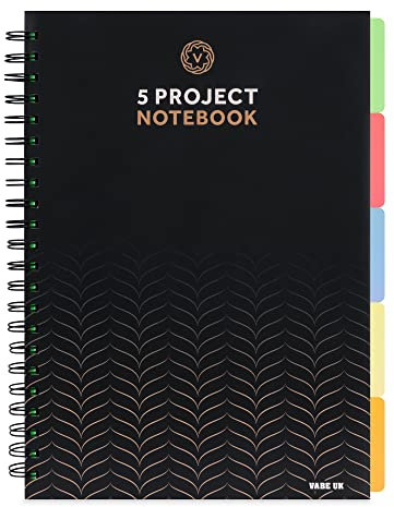 Vabe UK Taccuino traslucido formato A4, 5 divisori – 200 pagine (100 fogli) – Carta a righe bianca da 100 g/m², copertina laminata opaca spessa (nero)