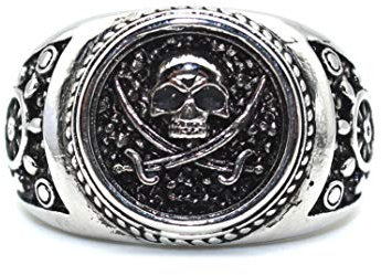 Schädelring für Männer, Vintage Pirate Crossed Swords Schädelkopfring, Punkrockschädel-Totemring, Gothic Pirate Skull Amulet Ring, Halloween Ring Biker, Wikingerschädelschmuck Geschenk (21.4, Silber)