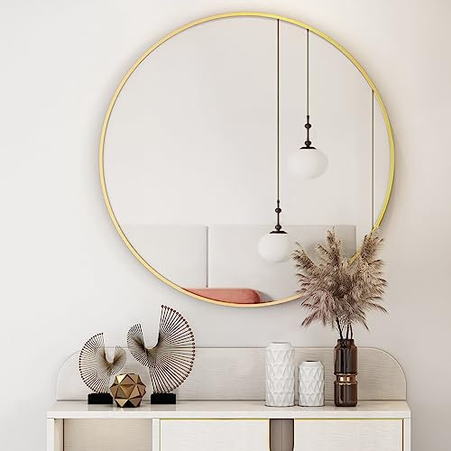 Koonmi 60 cm Gold Round Mirror, Circle Wall Mirror with Aluminum Alloy Frame, Classic Round Mirror for Bathroom over the Sink, Modern Hanging Hallway Mirror on the Wall, Gold