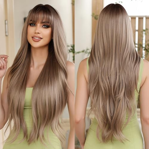 Allbell Blonde Perücken für schwarze Frauen, 26 Zoll lange, gewellte Ombre-Braun-Perücken mit Pony, synthetische Perückenhaar-Ersatzperücken