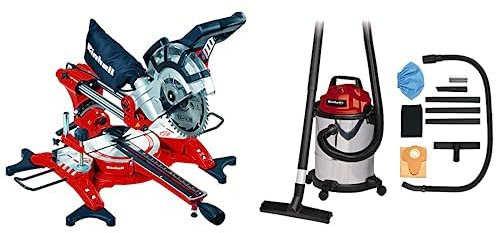 Einhell Ingletadora TC-SM 2131/1 Dual (máx. 1.800 W, 4.900 min-1, función de tracción integrada, tope de pieza, dispositivo de sujeción, incl. hoja de sierra de carburo de tungsteno, láser) +Aspirador