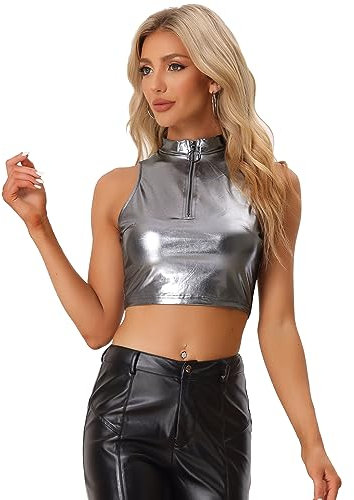 Allegra K Damen Tanktop Ärmellos Reißverschluss Metallic Oberteil Party Holographic Crop Top Bluse Schwarz Silber M