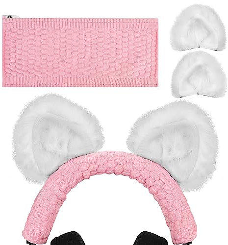 Geekria NOVA Knit Fabric Headband Cover + Cat Ears Attachment Compatible with Razer, SteelSeries, HyperX, Sennheiser, ASTRO, Sony, Logitech, ATH Headphones, Sweat Cover (White)