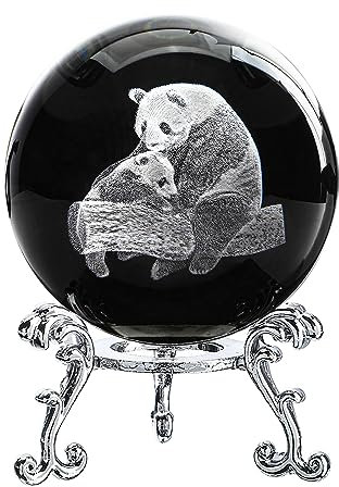 HDCRYSTALGIFTS 60 mm 3D-Panda-Kristallkugel mit Ständer, 3D-Lasergravur, Panda, Mutter und Baby, volle Kugel, Glaskugel, Sammlerstücke, Tischdekoration, Briefbeschwerer