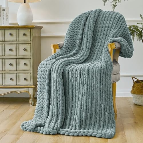 Esterra Chunky Knit Throw Blanket Newly Upgraded Heavy Tighter Version, Handmade Chenille Throw Super Soft, Thick Yarn Cable Knit Crochet Throw Blanket for Couch Bed Sofa (50x60 Chambray Blue)