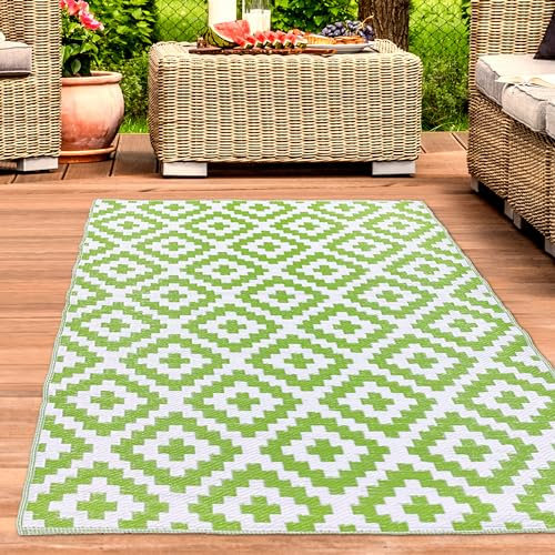 CARPETIA Outdoor Außen Teppich wetterfest Kunststoff Camping Vorzeltteppich Gartenteppich Balkonteppich Rautenmuster grün-weiß 120 x 170 cm