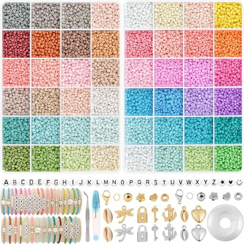 Warehouse 48 Farbe 18000 Stück 3mm Glasperlen Set,Selber Machan Perlen, Bastbeln Perlen zum Auffädeln mit 300 Weiße und Schwarze Buchstabenperlen für DIY Geschenkidee