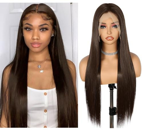 Sapphirewigs Braune Lange gerade Perücke 13x6 Lace Front Perücke Damen Gerade synthetische Haare 150% Dichte Party täglich tragen Weihnachten 26 Zoll