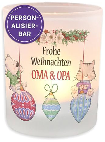 FEENSTAUB Windlicht Glas, Weihnachten Deko Winter, Teelichthalter Glas personalisiert mit Name, Weihnachtsdekor, Kerzenglas Deko, Tischdeko mit Spruch, Tischlicht