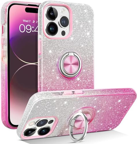 MOBISTAR® Bling Glitter Case for iPhone 14 Pro Max - 6.7’’ - Sparkly Slim with 360° Ring Holder Kickstand Support Magnetic Car Mount Protective Cover (Pink)