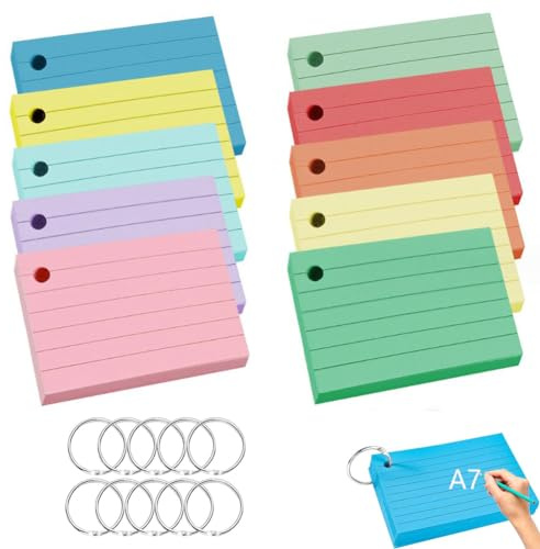 500 Flash Cards A7 Fiche de Revision Papier Flashcards Cartes Index Lignées 150g/m² avec 10 Anneaux de Reliure 10 Couleurs pour École Bureau Maison Étude Notes
