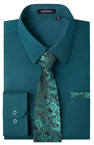HISDERN Camisa Hombre Teal Manga Larga Formal Camisas y Corbata Elegante Camisa de Vestir de Negocios Boda con Bolsillo Regular Fit XL