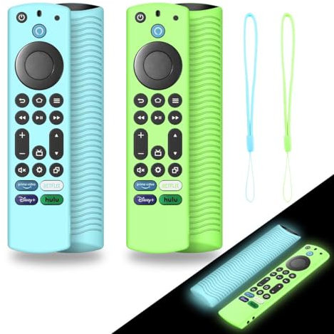Silikon-Schutzhülle für Firestick 4K Max (2. Generation) / Insignia / Pioneer / Omni (QLED) Serie Alexa Voice Remote Enhanced mit Umhängeband, leuchtet im Dunkeln (leuchtet himmelblau + leuchtend