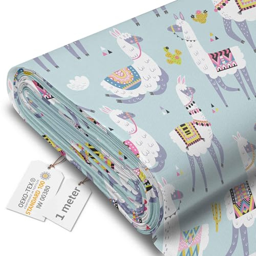 DreamRoots Tessuto Impermeabile al Metro, Llama and Cactus, 1 m | Stoffa impermeabile per esterno, tessuto idrorepellente al metro, 160 cm, 220 g/m² 600D, cuscini bambini, cameretta