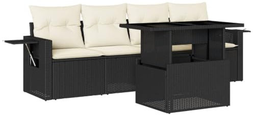 vidaXL Garten Sofa Garnitur 5-TLG., Gartenmöbel Set mit Kissen Modular, Lounge Sitzgruppe für Garten Terrasse, Gartentisch Verstellbare Tischplatte, Schwarz Poly Rattan