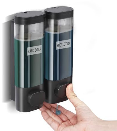 Szmst Shampoo and Conditioner Dispenser, 2 Chamber No Drill Shampoo Dispenser for Shower Wall Mounted Body Wash Conditioner for Bathroom 300ML*2 (Black 2 Chamber)