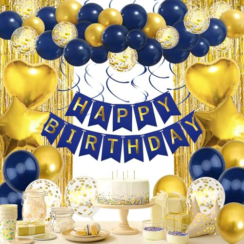 Geburtstagsdeko Blau Gold - Geburtstag Party Deko, Premium Happy Birthday Girlande Luftballons Vorhänge, Kindergeburtstag Jungen Mädchen, Geburtstagsdeko Männer Frauen