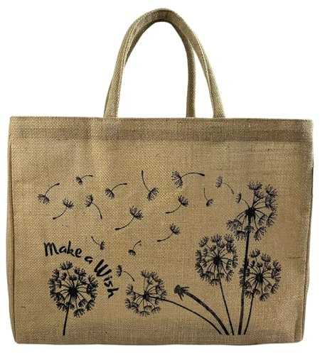 Domelo Einkaufskörbe. Bedruckte Einkaufstasche. Jute Tasche groß. Korbtasche, wasserabweisenden Strandtasche. Jutetaschen Shopper als Shopping bag. Nachhaltige Tragetasche (Löwenzahn)