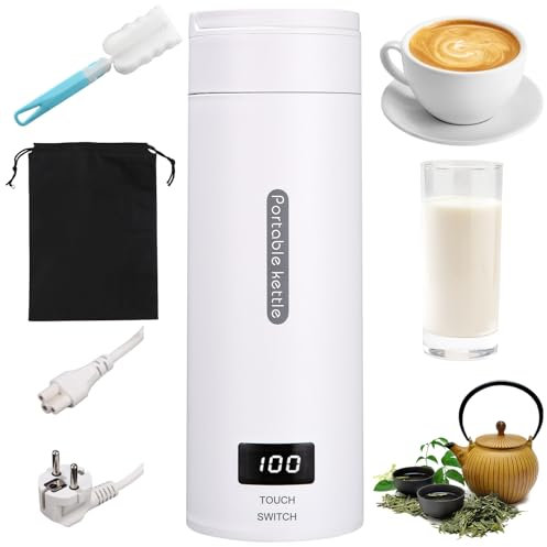 380ML Kleiner Tragbarer Wasserkocher, 3 in 1 Mini Elektrische Wassertasse mit Temperatureinstellung, Automatische Abschaltung, Bürsten und Taschen, Reise Wasserkocher für Kaffee Teezubereitung