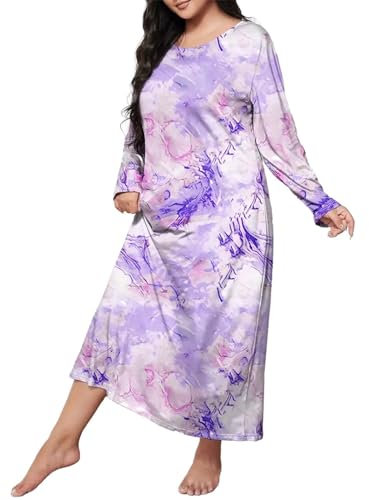 Robe de Nuit Décontractée Grande Taille pour Femmes, Imprimé Cœur, Manches Longues, Col Rond, Extensible, Chemise de Nuit Ample en Flanelle, 5x, Bleu