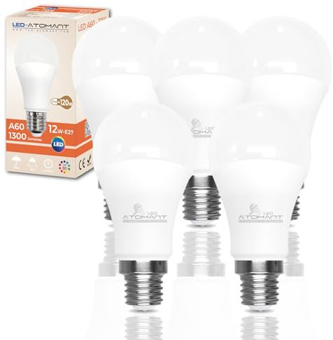 LED ATOMANT Pack 5x Bombilla LED E27 A60 12W, Color Blanco Neutro (4500K), 1300 Lumenes, Casquillo grueso, Equivalente a 120W tradicional, No regulable