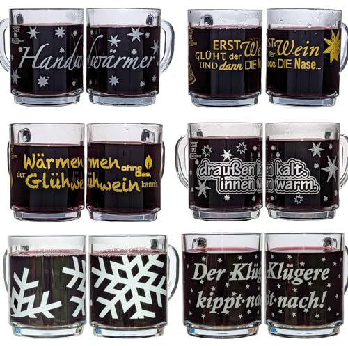 Glasveredlung Schmitz Glühweinbecher Glühweintasse 27 cl, schwere Ausführung 320 g, stapelbar, gehärtet, Füllstrich 0,2 l, Dekore 6-fach sortiert, 12 Stück