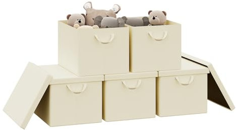 WOLTU Aufbewahrungsbox mit Deckel 5 Stück, aus Polyesterstoff, für Schlafzimmer, Arbeitszimmer, Wohnzimmer, Organizer Box mit Griffen, für Kleidung Spielzeug, faltbar, Creme, 48x30x36 cm