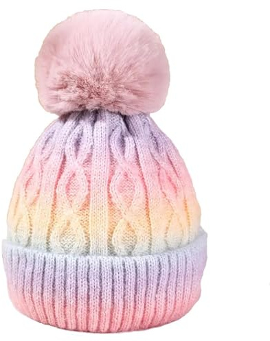 OnlyBee Warme Wintermütze für Mädchen und Kinder, Batikfärbung, Regenbogen, Grobstrick, Alter 3 bis 7 Jahre, Rosa, Lila, Gelb, 3-7 Jahre