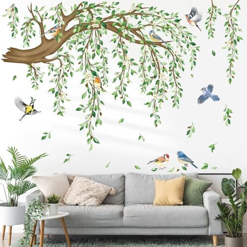 decalmile Adesivi Murali Foglie Verdi Rami Albero Grande Adesivi da Parete Vite Appesa Piante e Fiori Uccelli Decorazione Murale Camera da Letto Soggiorno Ufficio Divano