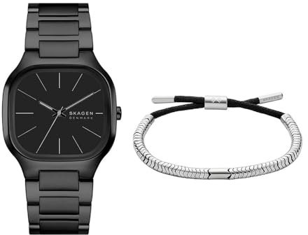 Skagen Herren Mellem Schwarze Edelstahl Uhr und Pelle-Armband Silberfarben, Set