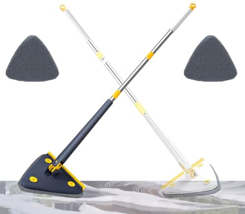 Hooha Drehbarer Dreiecks Wischmopp mit 360°Grad Drehbarer & Verstellbarer Teleskopstiel & Abzieher & Auswringfunktion Ideal für die Reinigung Niedriger Räume (Blau Mop+2 Stück Wischtuch)
