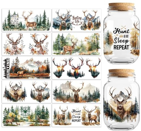 Peacoblue UV DTF Transfer Cup Wraps Stickers Christian Forest Deer, 10 Sheets Waterproof Custom Vinyl 16oz Coffee Glass Jar Cups Bottle Mug Tumbler Decals Wrap for Men Women