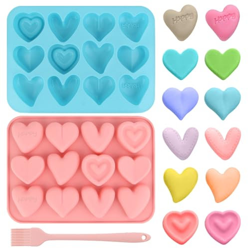 Silikonform Herz, 2 Stück Eiswürfelform Herz, Pralinenform Silikon Kommt mit Einer Bürste,12 Kammern,Leicht Zu Entformen,Herzform 3D Silikonformen Geeignet Zum Backen, Für Schokolade usw.