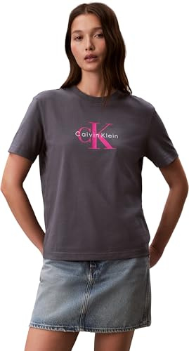 Calvin Klein Damen T-Shirt Kurzarm Hero Classic Monologo Tee mit Rundhalsausschnitt, Grau (Turbulence), M