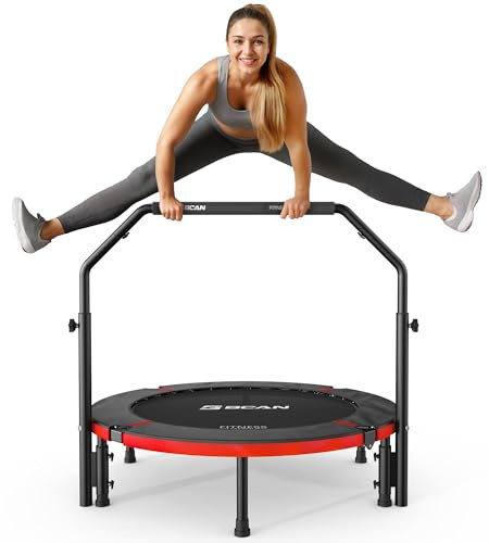 BCAN Trampolin Indoor, 102 cm Jumping Trampolin Fitness, Faltbar, Tragfähigkeit 150 KG, Verstärkte Feder, Verstellbarer Haltegriff mit Schaumstoffpolsterung, Geeignet für Erwachsene und Kinder