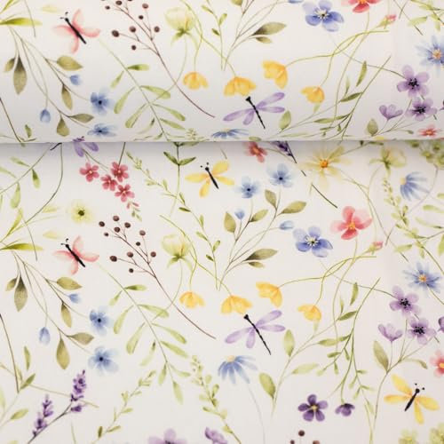 Baumwollstoff mit floralen Mustern – 100% Baumwolle – 147 cm breit – 130 g/m² – Öko-Tex Standard 100 – Blumen Designs – Meterware ab 50 cm (Blumen, Schmetterlinge, bunt/weiß)