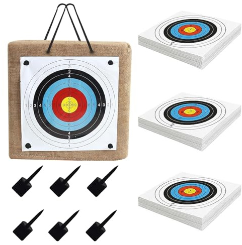 Premium Straw Archery Target - 60x60cm Large Size, 30cm Thick, Includes 100 Pro 40x40cm Target Papers + 6 Nails for Backyard Range Practice(60 * 60 * 30cm)