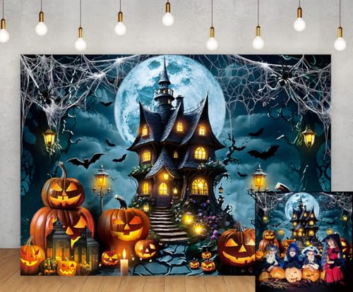 Halloween Horror Castle Backdrop Full Moon Night Pumpkin Lantern Bats Spider Web Photography Background Kids Adult Halloween Haunted Birthday Party Decorations Banner Photo Props (7x5FT)