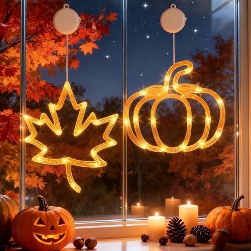 2 Stück Herbstdeko, Herbstdeko Fensterlichter, Kürbis Deko,Ahornblatt Licht