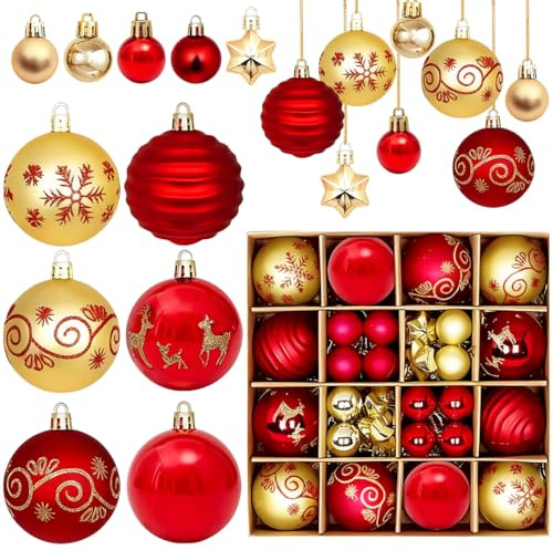 Weihnachtskugeln Kunststoff, 44 Stück Christbaumkugeln Rot Gold, Weihnachtsbaumkugeln, Weihnachtsbaumschmuck mit Schlüsselband, Weihnachtsdeko Außen Innen, ∅ 3, 6 cm
