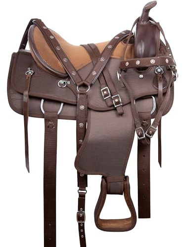 Western Horse Saddle Synthetic Pleasure Trail Barrel Racing Tack Set Brown 10 to 18 Seat 002 (10 Seat)
